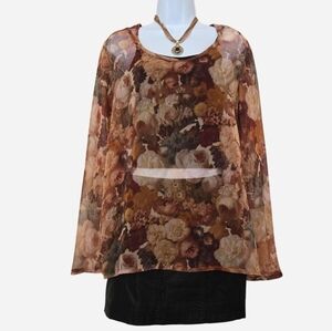 Vintage Y2K Brown Sheer Floral Bohemian Mesh Long Sleeve Top